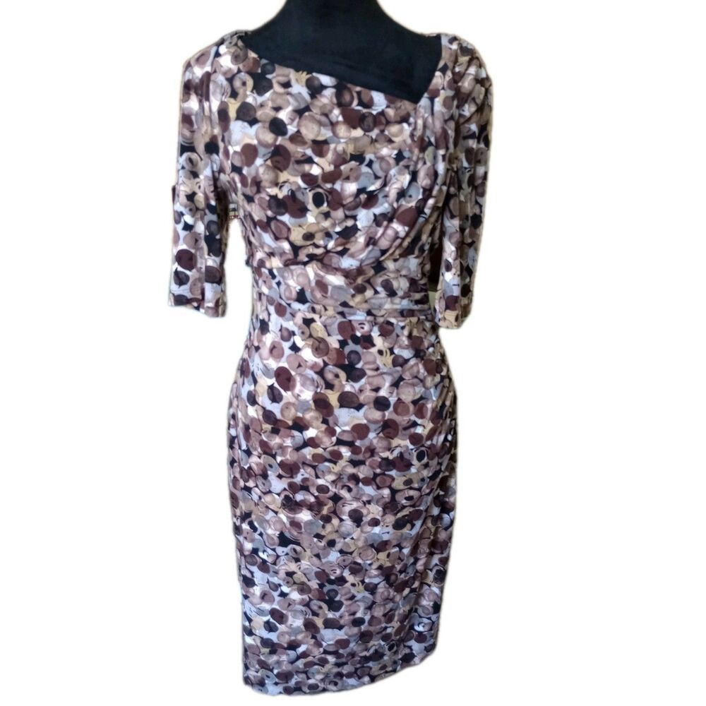 Connected Women's 6 Brown /White Geometric Design Ruched Sheath Midi Dress Vtg
